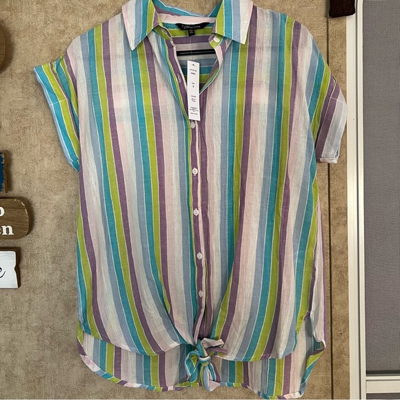 1 Bliss Lane Striped Tie Front Collared Button Front Short Sleeve Top S - Picture 1 of 7